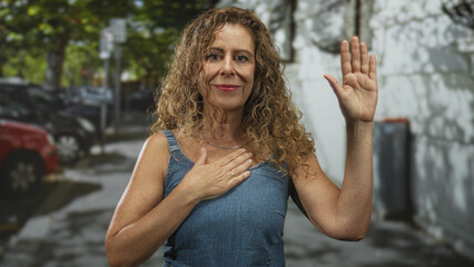 Naklejka premium Woman places left hand on chest and raises right hand in oath gesture on a city street wearing denim sleeveless top, ring visible; sincerity commitment.