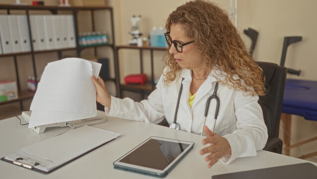 Woman doctor flipping patient papers at clinic desk while holding forehead in a tired gesture; stress paperwork.