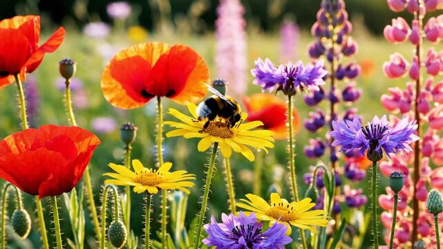 Beautiful vibrant wildflowers in a field, buzzing bees collecting nectar and pollen, sunshine.