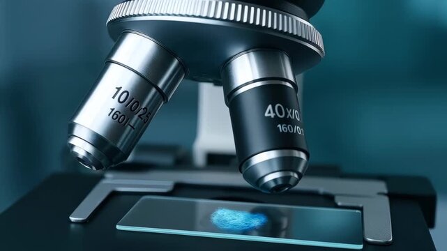 Science Unveiled: The close-up of a high-powered microscope, poised above a prepared slide. The precision of scientific exploration is revealed, with an emphasis on discovery.