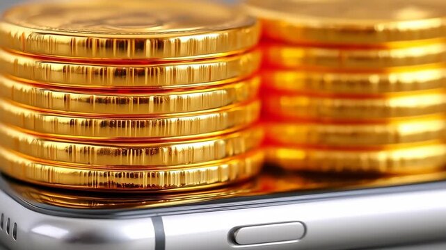 Golden Coins Stacked on Smart Device: Illustrating wealth and digital finance, showcasing stacks of lustrous golden coins resting on a sleek, modern smart device.