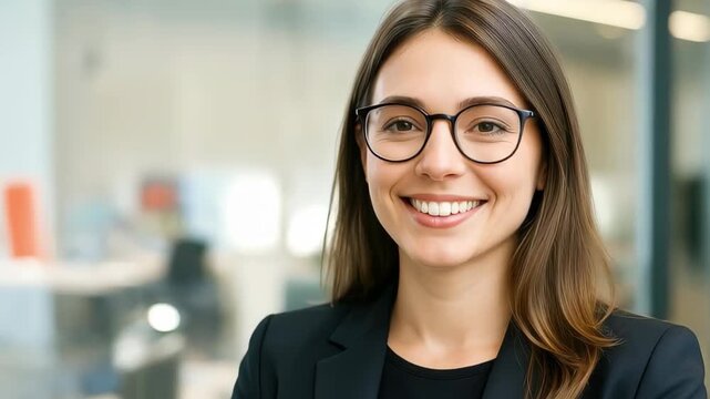 Radiant Professional: A confident woman in glasses radiates approachability and expertise. She smiles, creating a picture of trust and competence.