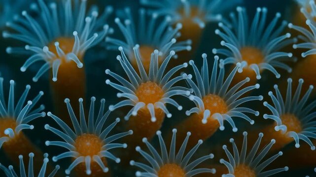 Aquatic Blooms: A close-up view of vibrant coral polyps blooming underwater, showcasing the beauty and complexity of marine life.
