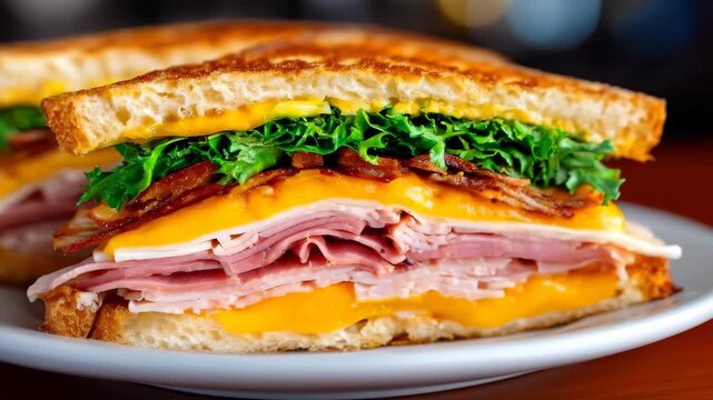 Savory Sandwich: A mouthwatering sandwich, bursting with layers of delicious fillings on toasted bread, a true feast for the senses.