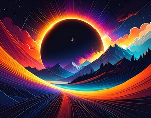 Neon landscape mountains, lake, eclipse, bright rays, & colorful sky & ground