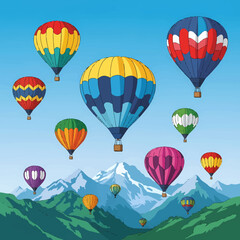 Fototapeta premium Colorful hot air balloons of various sizes floating above green hills and majestic snow-capped mountains under a clear blue sky.