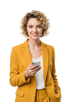 young caucasian businesswoman in a tailored yellow power suit holding a modern smartphone, smiling confidently against a transparent high-key studio backdrop. concept of corporate success and