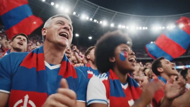 Diverse group of people cheering and clapping in a stadium with flags and jerseys