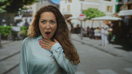 Fototapeta premium Young woman covering mouth with hand showing red nails at outdoor restaurant terrace among blurred diners and umbrellas; surprise moment.