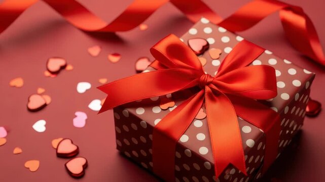 A brown gift box with white polka dots and a red ribbon on a red background with hearts