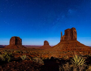 Night desert landscape with towering red rock buttes under a starry sky