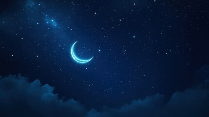 Crescent Moon Shining Brightly in Starry Night Sky with Clouds
