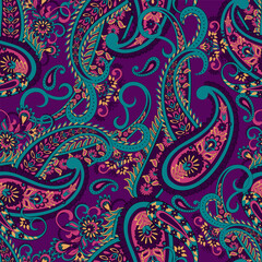 Turkish Cucumber Paisley seamless vector pattern in traditional Oriental style. Decorated with flowers, leaves, and fantasy elements, for fabric, textile and wallpaper covers