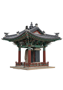 Traditional korean jeongja pavilion with vibrant dancheong coloring, ornate dragon carvings, and a calligraphic stone stele (biseok), isolated on a transparent studio backdrop. Concept of historical