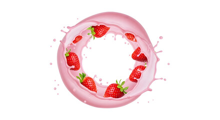 Fototapeta premium Pink Strawberry Milk Splash with Fresh Strawberries Isolated on White Background