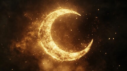 Obraz premium Glowing Golden Crescent Moon in Dark Space with Stars