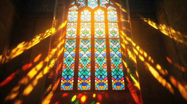 Stained glass window sunlight rays vibrant colors gothic church interior spiritual glow