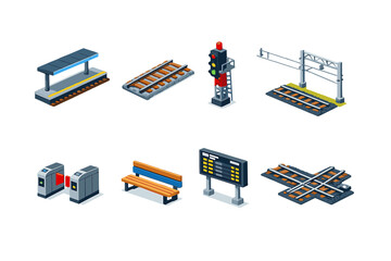 Railway transport infrastructure in isometric flat style: train station platform, rail track, signal tower, overhead wire mast, ticket gate, platform bench