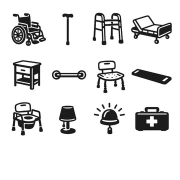 Family Caregiving and Home Support Items in outline vector style: wheelchair, walking cane, walker frame, adjustable bed, bedside table, grab bar, shower chair