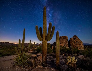 Night scene with saguaro cacti standing under a starry sky in a desert landscape