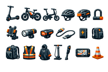 Smart living urban mobility accessories in bold vector style: electric scooter, electric bicycle, folding bike, helmet, smart helmet, bike lock, phone mount
