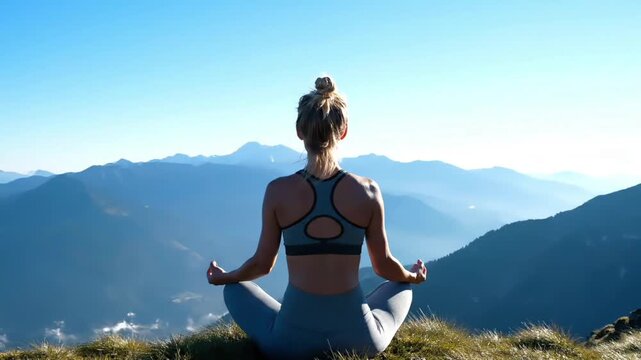 Woman in yoga attire sitting in meditation on a grassy hilltop with hands in a mudra gesture facing mountain ranges under a clear blue sky.