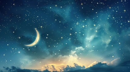 Fototapeta premium Crescent Moon and Stars in Night Sky with Clouds, Serene Celestial Landscape