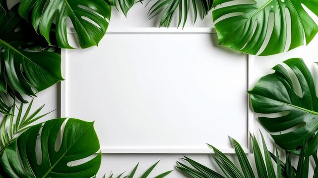 Tropical leaves frame empty white rectangle with copy space for text