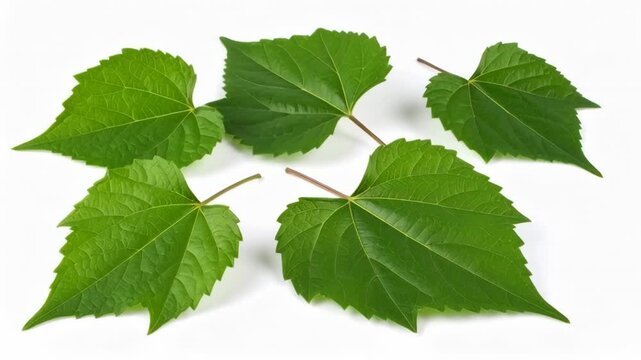 A sprig of vibrant green leaves with serrated edges on a clean white background