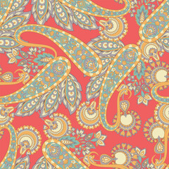 Boho-style vector seamless paisley pattern with flowers, great for fashion, wrapping paper, and home decor.