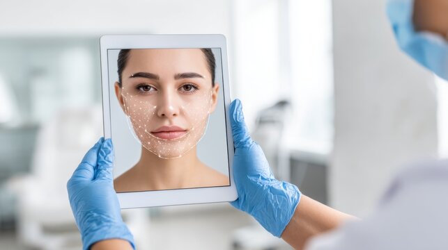 Facial recognition scan displayed on tablet during cosmetic consultation. Digital mapping of facial features for aesthetic planning and skin analysis in modern medical clinic. Cosmetic surgery