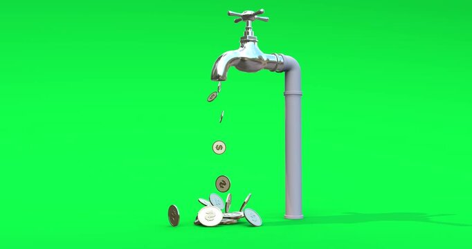 Money dolar dripping from faucet on green screen financial stream