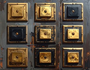 Nine square panels in gold and black, attached to a textured, dark grey surface