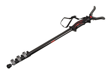 Obraz premium Black telescopic tactical shooting monopod with V-yoke head isolated on white back