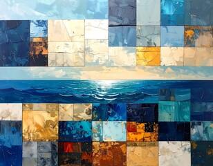 Ocean scene rendered in tiles with blue, white, and gold color palette