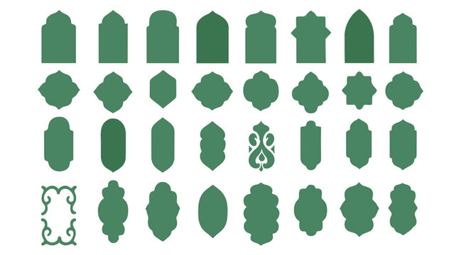 Old mosque Ramadan windows, gate shape in oriental style. Islamic door set, flat arabic backdrop frames, arabian arches silhouette. Muslim architecture geometric design elements, moroccan minimal arcs