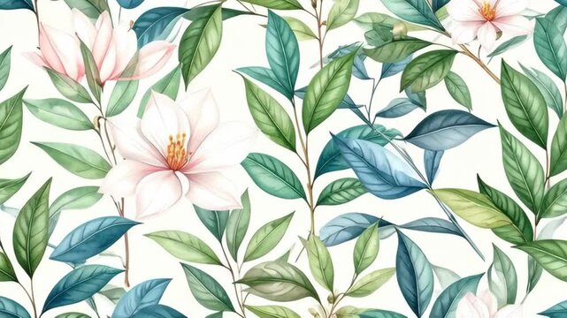 Soft pink magnolia blossoms and green leaves watercolor pattern background