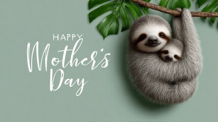 Obraz premium sloth mother and baby hanging from a heart-shaped branch