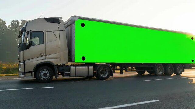 Truck with semi-trailer on which green screen passes over bridge on highway, aerial view. Truck with semi-trailer which chromakey, rides freeway