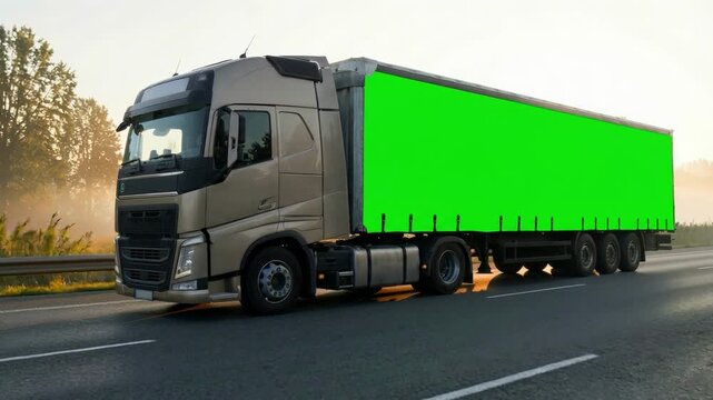 Truck with semi-trailer on which green screen passes over bridge on highway, aerial view. Truck with semi-trailer which chromakey, rides freeway