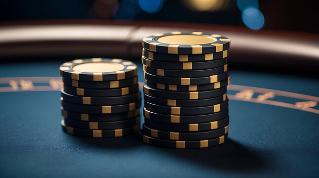 Stack of black and gold poker chips on dark background, high risk investment business concept with copy space