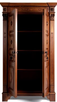 Ornate wooden armoire with carved details and partially open double doors showing dark interior
