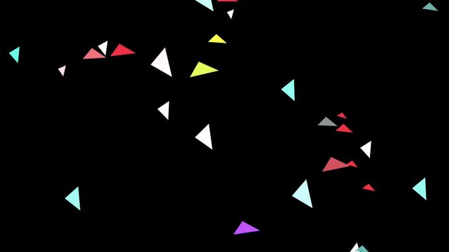 Playful abstract animation of multicolored small triangles floating and rotating over a solid black background.