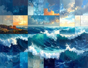 Ocean waves & sky mosaic, tiled art style, vivid blues, whites & golden hues