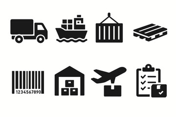 Logistics and shipping icons: transportation, warehouse, and cargo management symbols