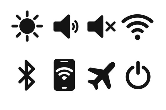 Essential black icons for digital devices: wi-fi, bluetooth, and power symbols