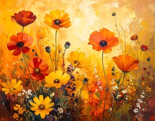 Oil painting of a vibrant orange and yellow wildflower garden in impressionistic style