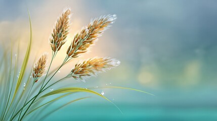 Fototapeta premium Wellness Plants Growing by Water With Drops on Grass During the Day With Blue and Green Colors