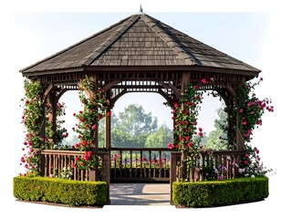 Octagonal wooden gazebo adorned with climbing roses, framed against a blurry sky
