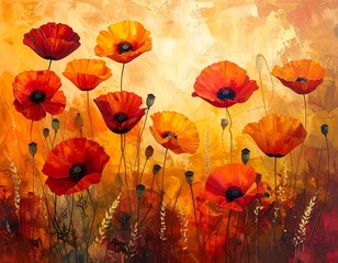 Oil painting of poppies against a warm, golden-yellow background